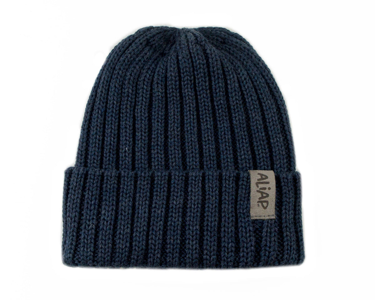 Merinowollen muts voor kinderen - geribbelde tricot 46-50 beige of donker blauw