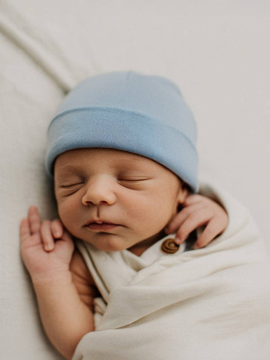 Wollen baby muts - Merinowol - Blue Fog: 56