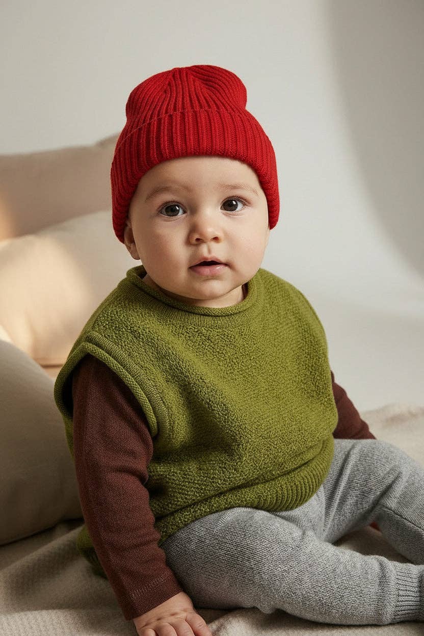 Merinowol Gebreide Baby Muts - Lava: 50/56- 62/68