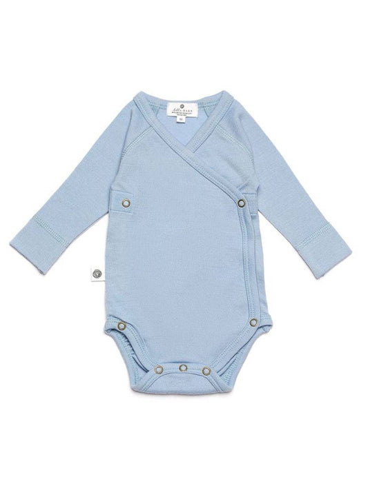Wollen Overslagromper lange mouw – Merinowol - Blue Fog: 50 en 56